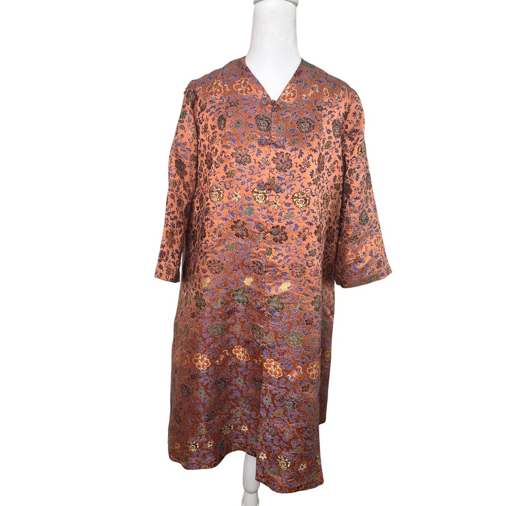 Vintage Orange Floral Brocade Kimono Jacket Dress Traditional Asian Style